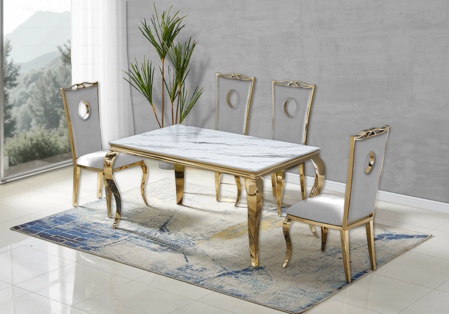Table marbre blanc et chaises velours gris doré – NEO
