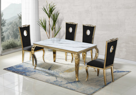 Salle à manger marbre blanc chaises velours noir doré - NEO