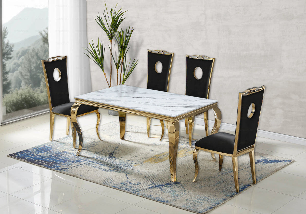 Ensemble table marbre blanc et 4 chaises or – Neo