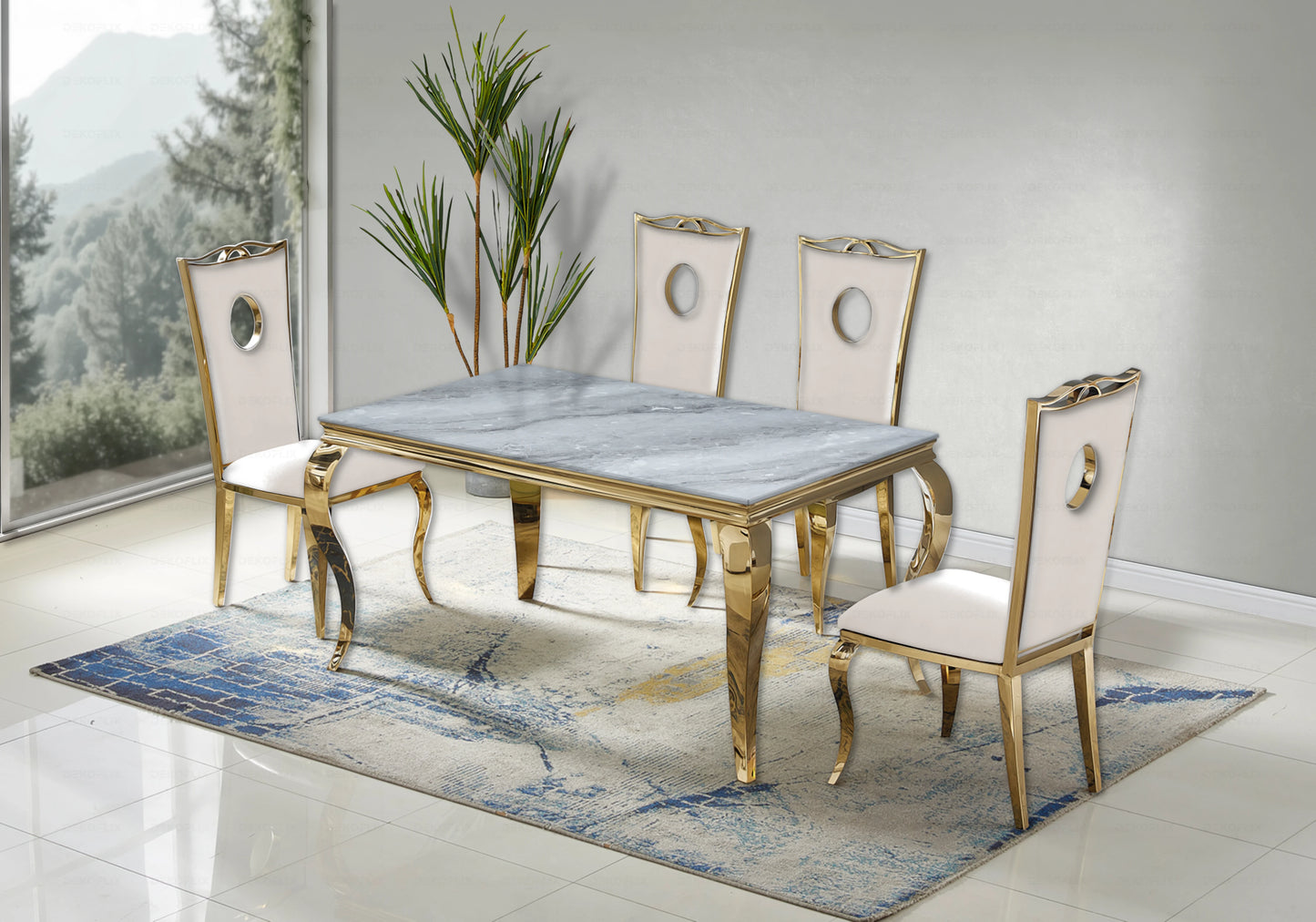 Table marbre gris et chaises velours beige doré – NEO