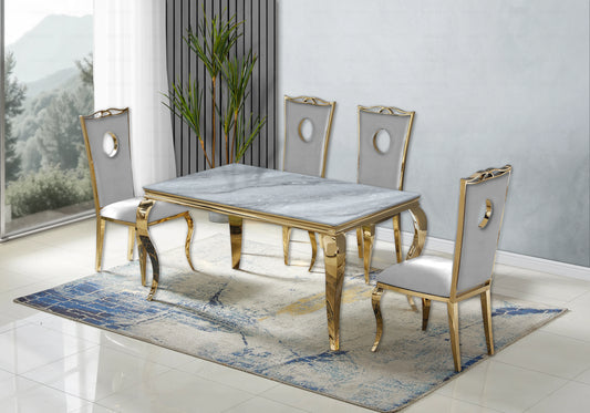 Salle à manger marbre gris chaises velours gris doré - NEO