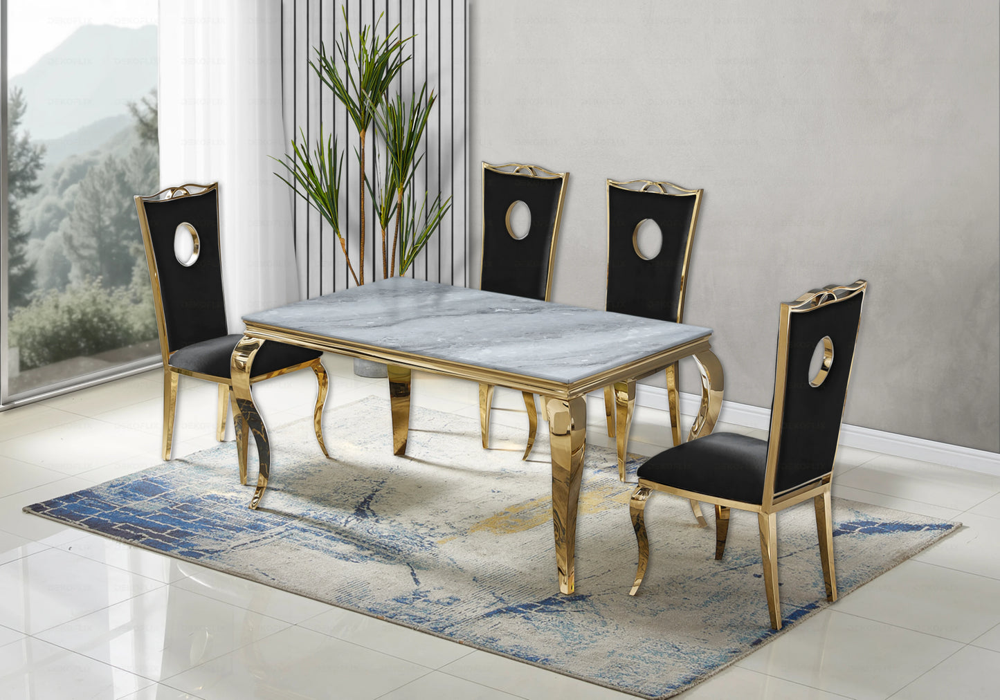 Table marbre gris et chaises velours noir doré – NEO