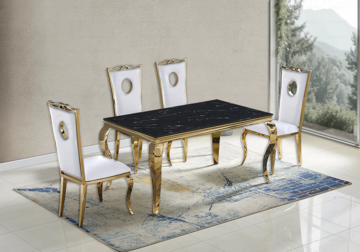 Ensemble table marbre noir et 4 chaises or – Neo