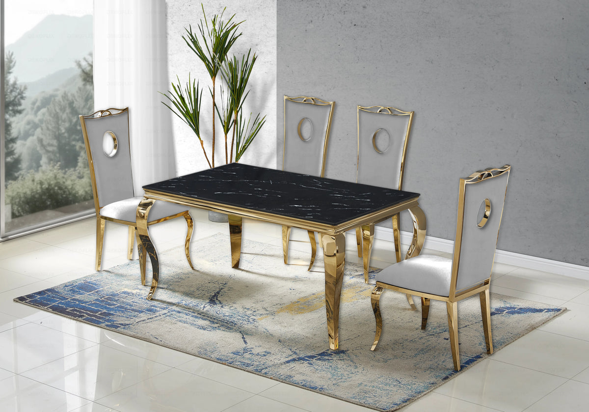 Ensemble table marbre noir et 4 chaises or – Neo