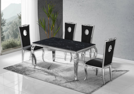 Table marbre noir et chaises velours noir argent - NEO