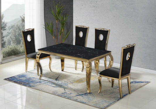 Salle à manger marbre noir chaises velours noir doré - NEO