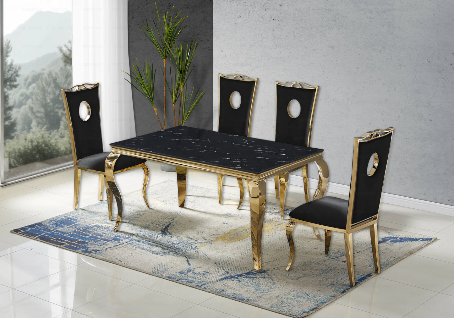 Table marbre noir et chaises velours noir doré - NEO