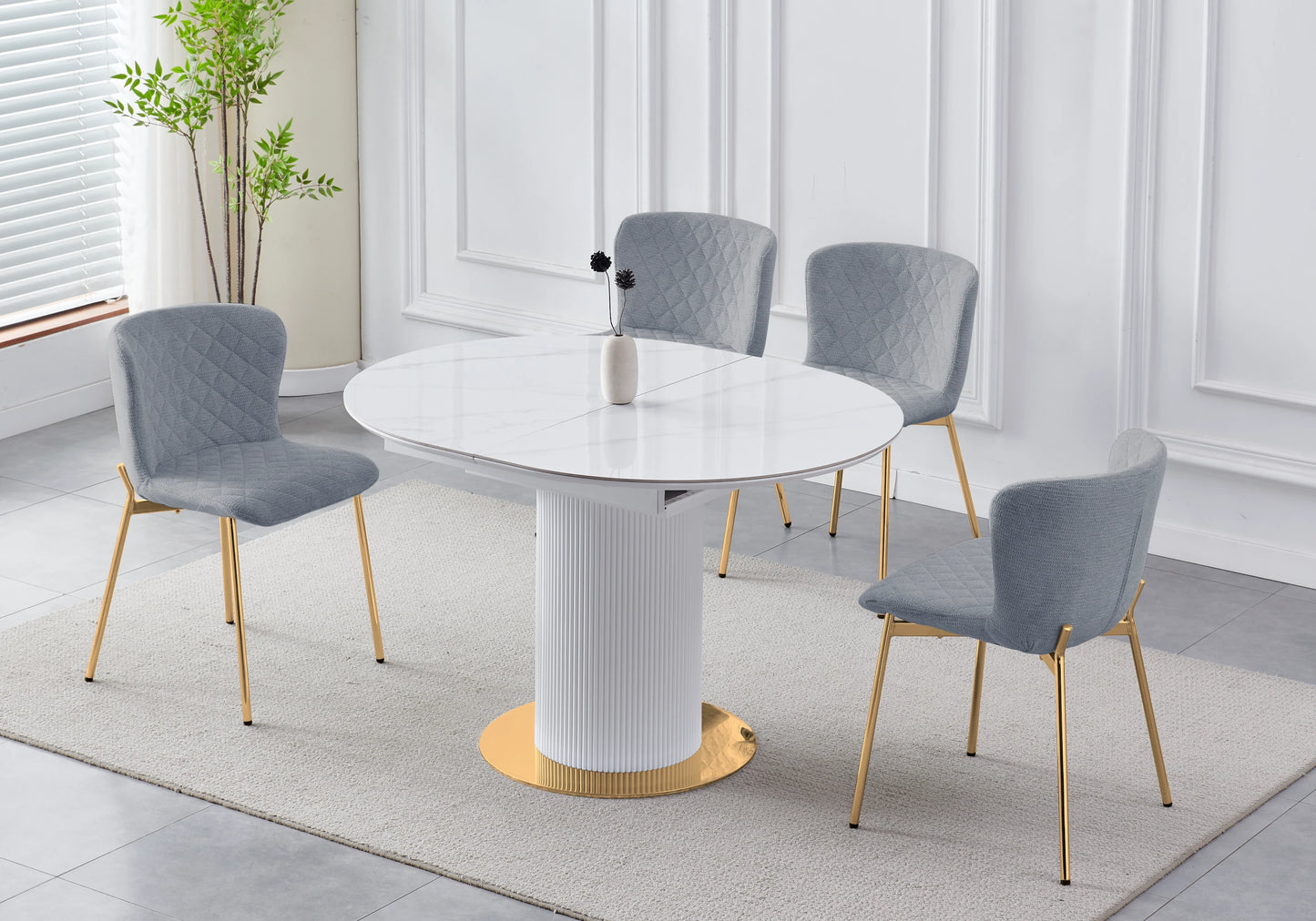 Table ronde extensible doré marbre blanc – LEON