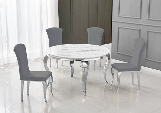 Salle à manger ronde marbre blanc pieds argentés chaises ardoise – NEO