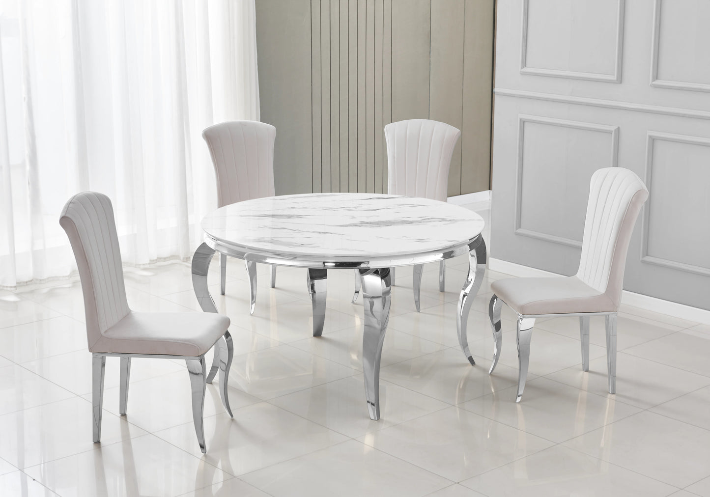 Table à manger ronde marbre blanc pieds argentés – NEO