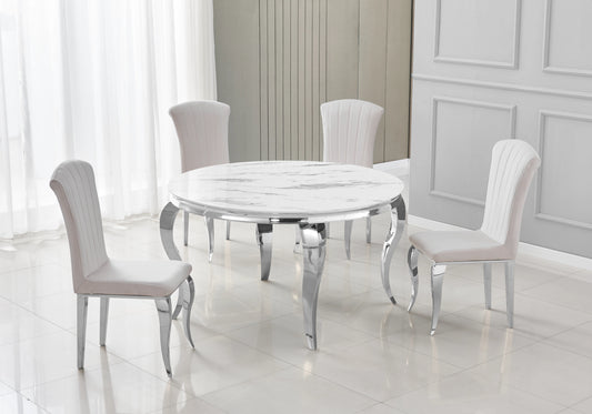 Salle à manger ronde marbre blanc pieds argentés chaises beige – NEO