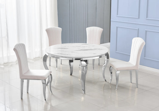 Salle à manger ronde marbre blanc pieds argentés chaises écru – NEO