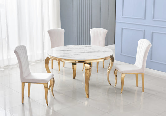 Salle à manger ronde marbre blanc pieds dorés chaises écru – NEO