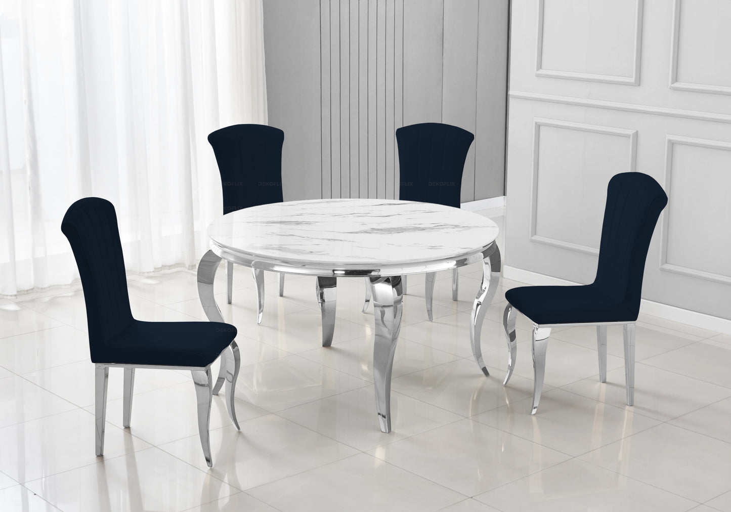 Table ronde marbre blanc et chaises noir argentés – NEO