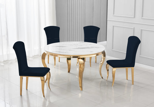 Salle à manger ronde marbre blanc pieds dorés chaises noir – NEO