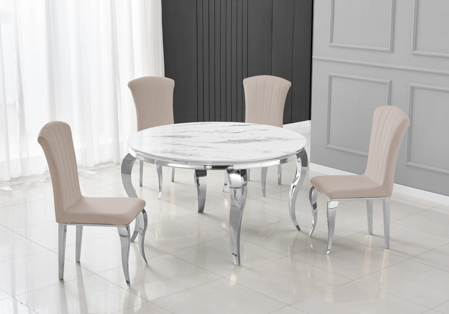 Salle à manger ronde marbre blanc pieds argentés chaises taupe – NEO