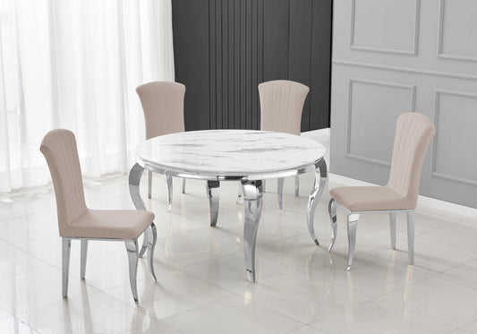 Salle à manger ronde marbre blanc pieds argentés chaises taupe – NEO