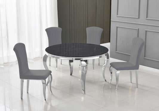 Salle à manger ronde marbre noir pieds argentés chaises ardoise – NEO