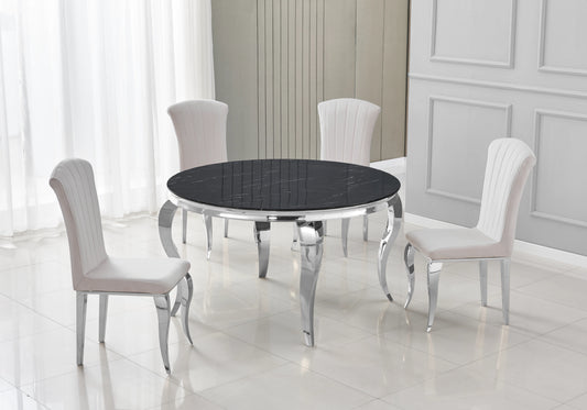 Salle à manger ronde marbre noir pieds argentés chaises beige – NEO