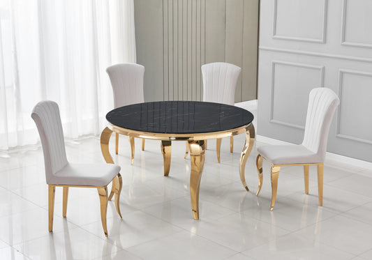 Salle à manger ronde marbre noir pieds dorés chaises beige – NEO