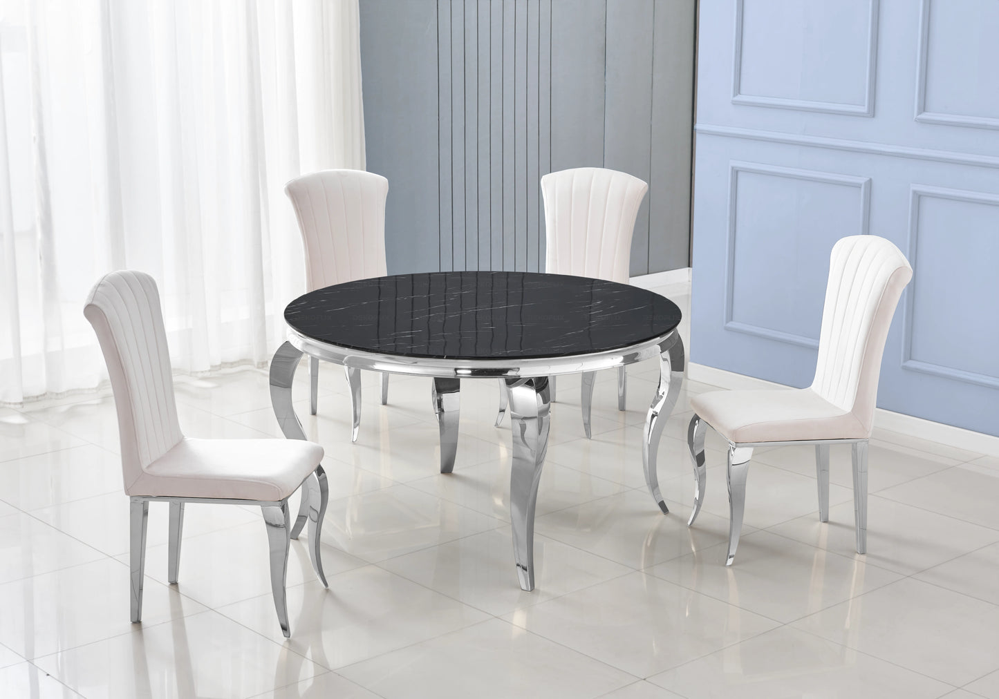 Chaises en velours écru pieds argentés – NOVA (lot de 6)