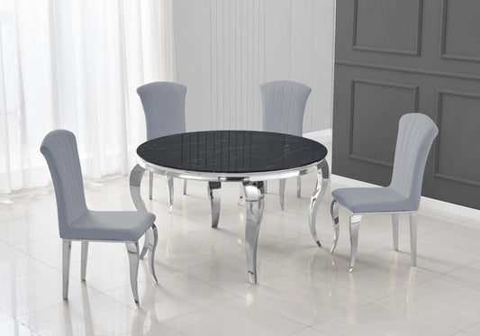 Salle à manger ronde marbre noir pieds argentés chaises gris – NEO