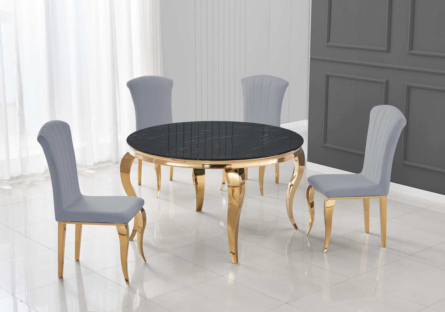 Table ronde marbre noir et chaises gris dorée – NEO