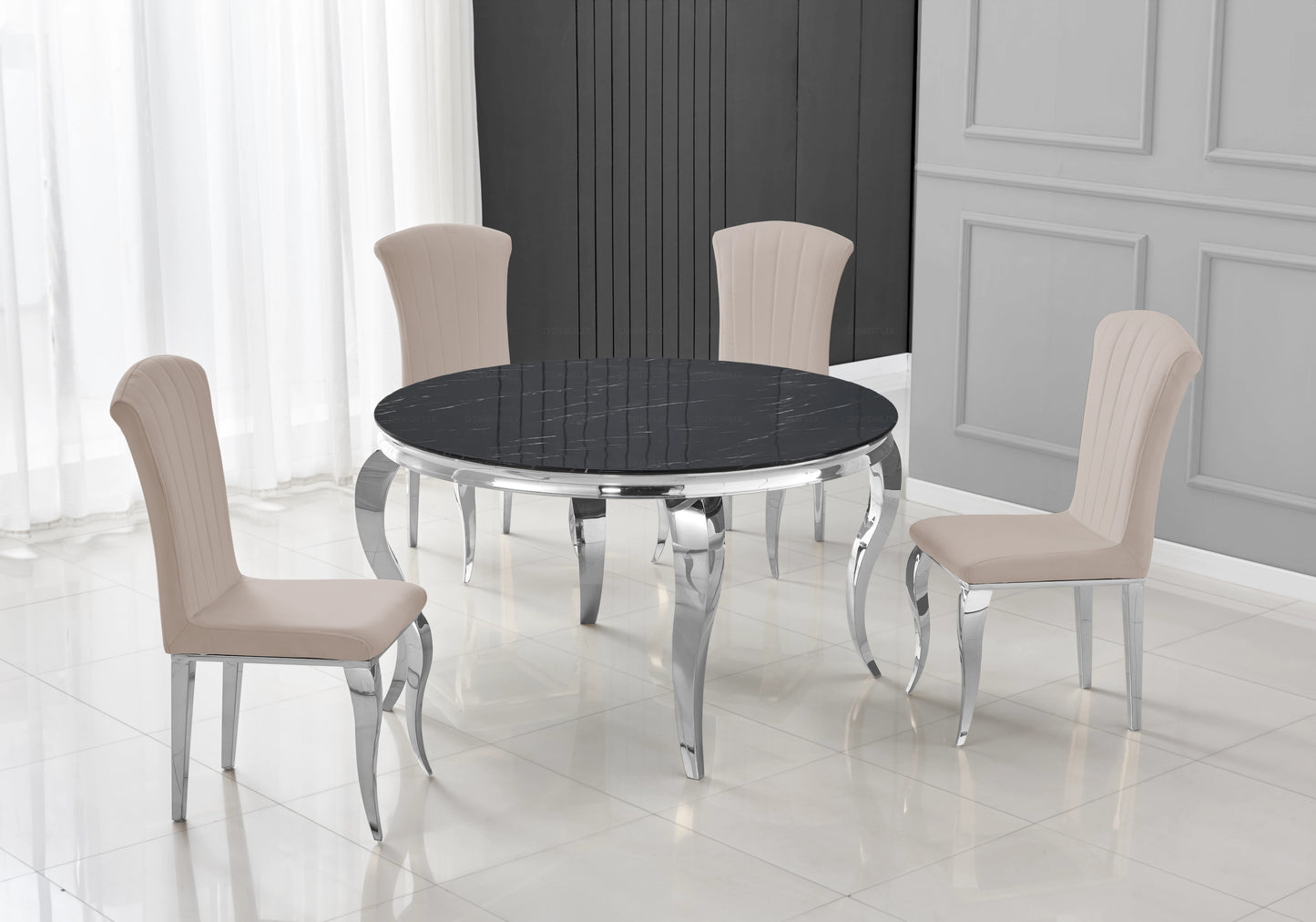 Table ronde marbre noir et chaises taupe argentés – NEO