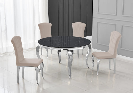 Salle à manger ronde marbre noir pieds argentés chaises taupe – NEO
