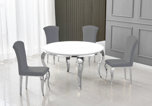 Salle à manger ronde verre blanc pieds argentés chaises ardoise – NEO