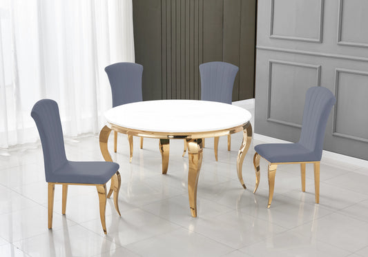 Salle à manger ronde verre blanc pieds dorés chaises ardoise – NEO