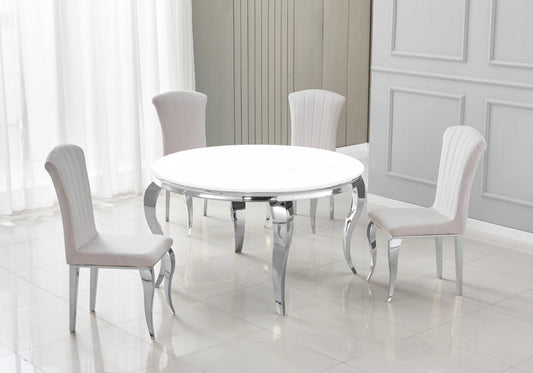 Salle à manger ronde verre blanc pieds argentés chaises beige – NEO
