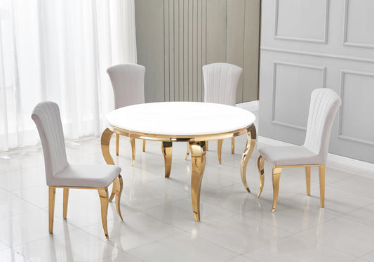 Salle à manger ronde verre blanc pieds dorés chaises beige – NEO