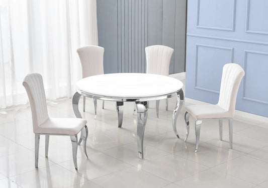 Salle à manger ronde verre blanc pieds argentés chaises écru – NEO