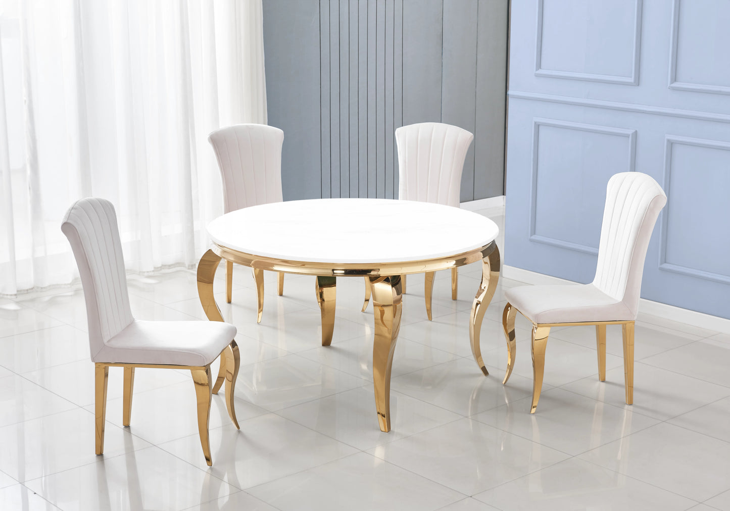 Table à manger ronde verre blanc pieds doré – NEO