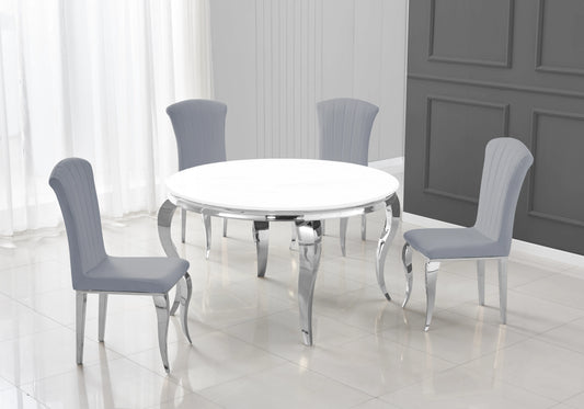 Salle à manger ronde verre blanc pieds argentés chaises gris – NEO