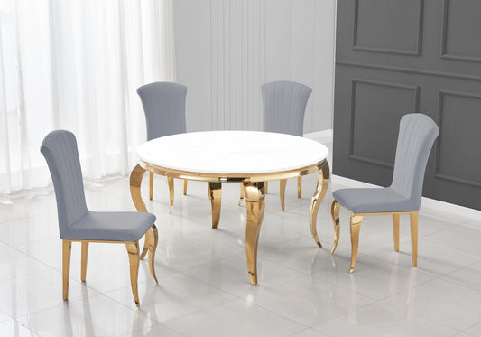 Salle à manger ronde verre blanc pieds dorés chaises gris – NEO