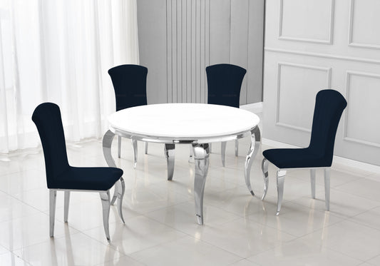 Salle à manger ronde verre blanc pieds argentés chaises noir – NEO