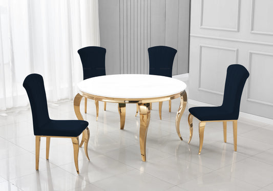 Salle à manger ronde verre blanc pieds dorés chaises noir – NEO