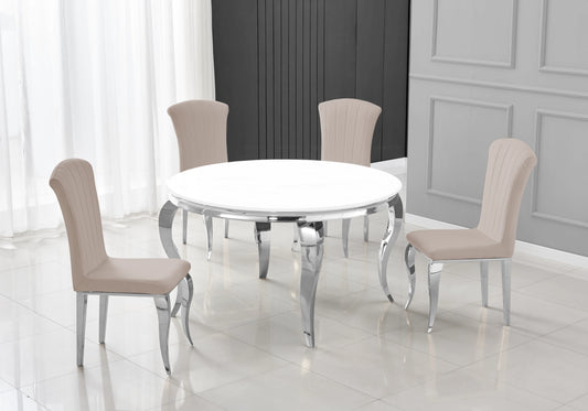 Salle à manger ronde verre blanc pieds argentés chaises taupe – NEO