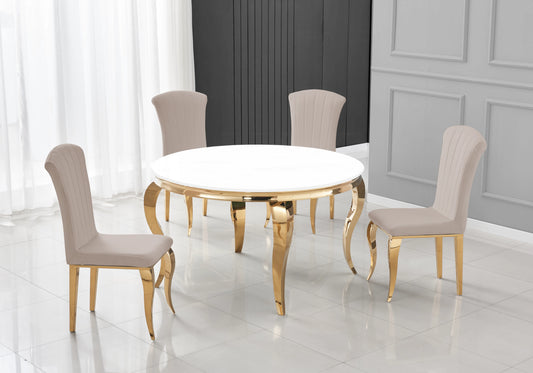 Salle à manger ronde verre blanc pieds dorés chaises taupe – NEO