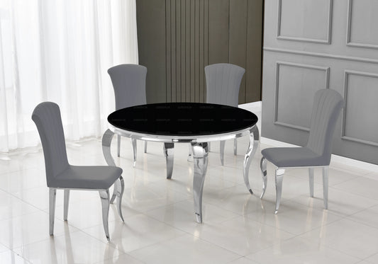 Salle à manger ronde verre noir pieds argentés chaises ardoise – NEO