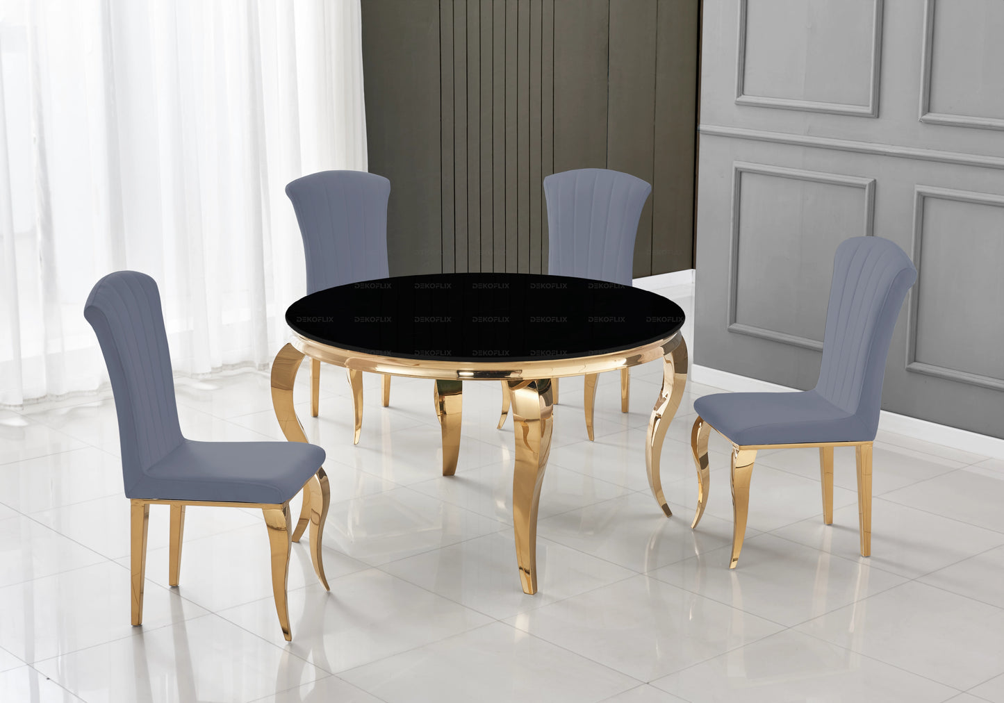Table ronde verre noir et chaises ardoise dorée – NEO
