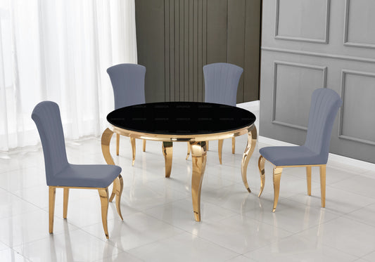 Salle à manger ronde verre noir pieds dorés chaises ardoise – NEO