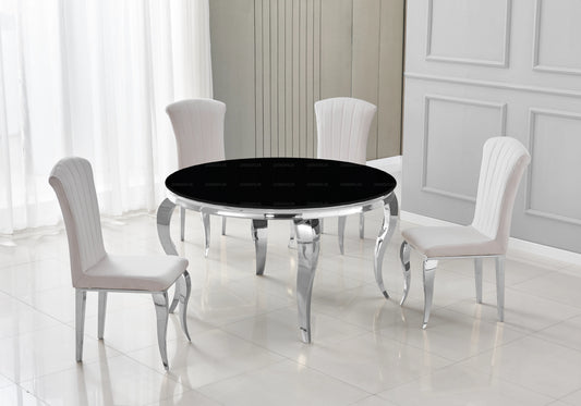 Salle à manger ronde verre noir pieds argentés chaises beige – NEO