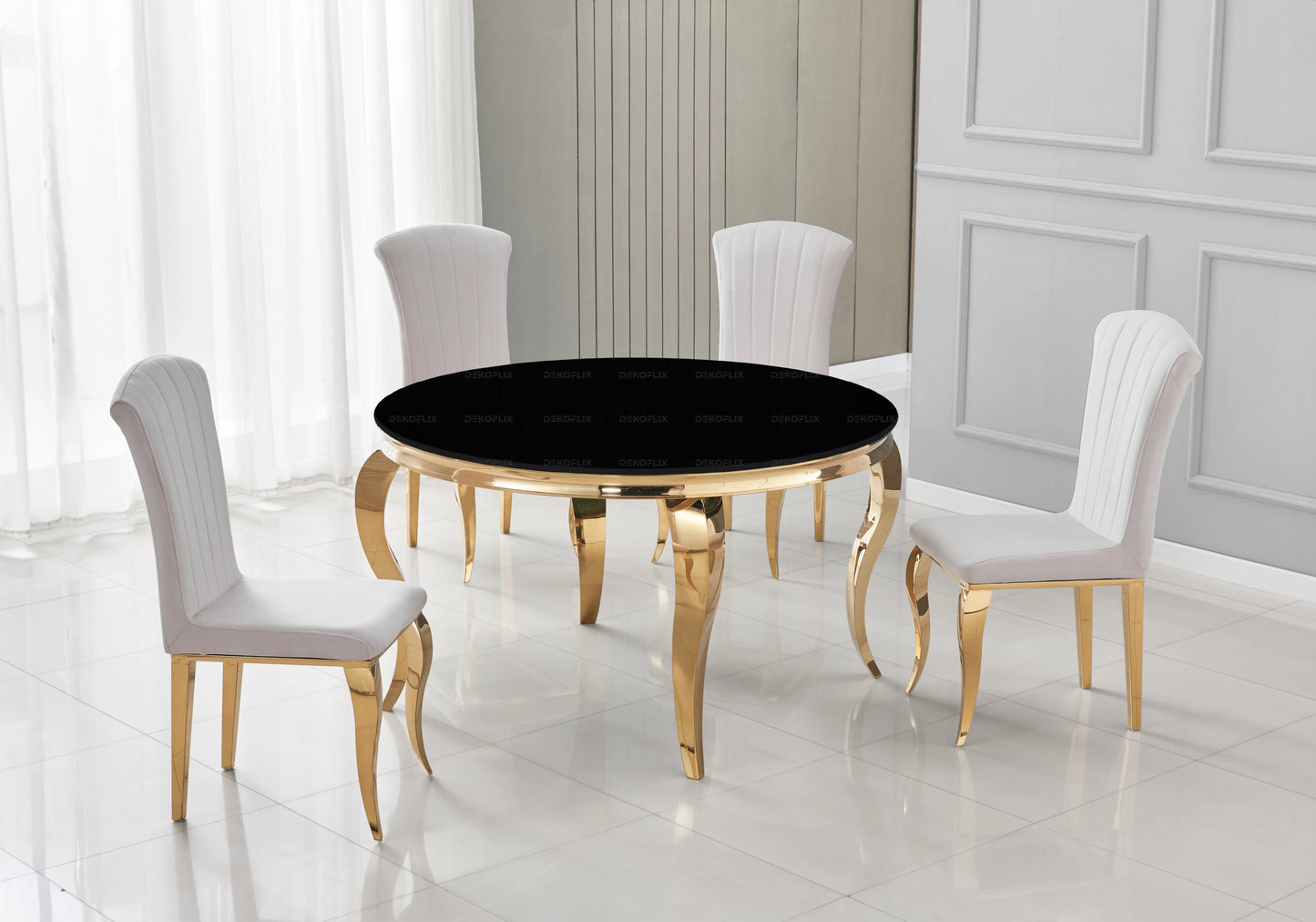 Table ronde verre noir et chaises beige dorée – NEO