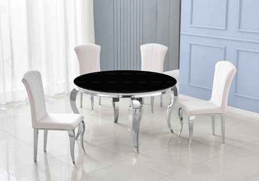 Salle à manger ronde verre noir pieds argentés chaises écru – NEO