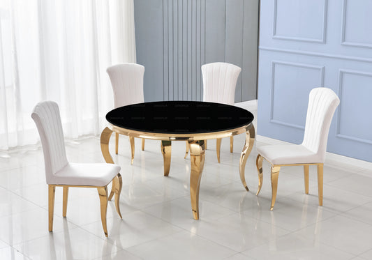 Salle à manger ronde verre noir pieds dorés chaises écru – NEO