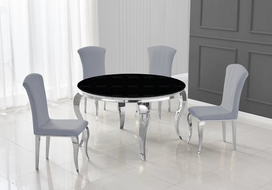 Salle à manger ronde verre noir pieds argentés chaises gris – NEO