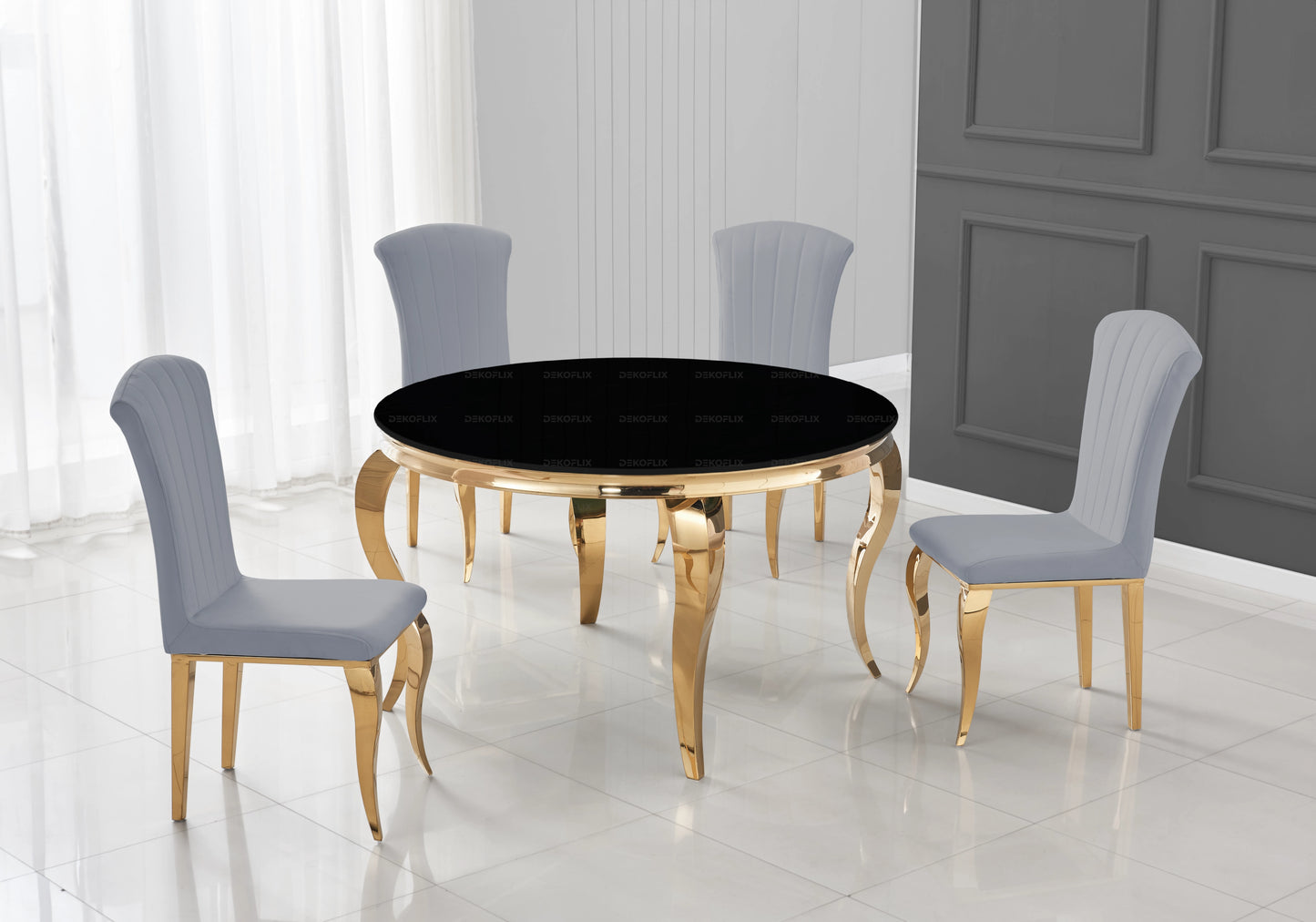Table ronde verre noir et chaises gris dorée – NEO